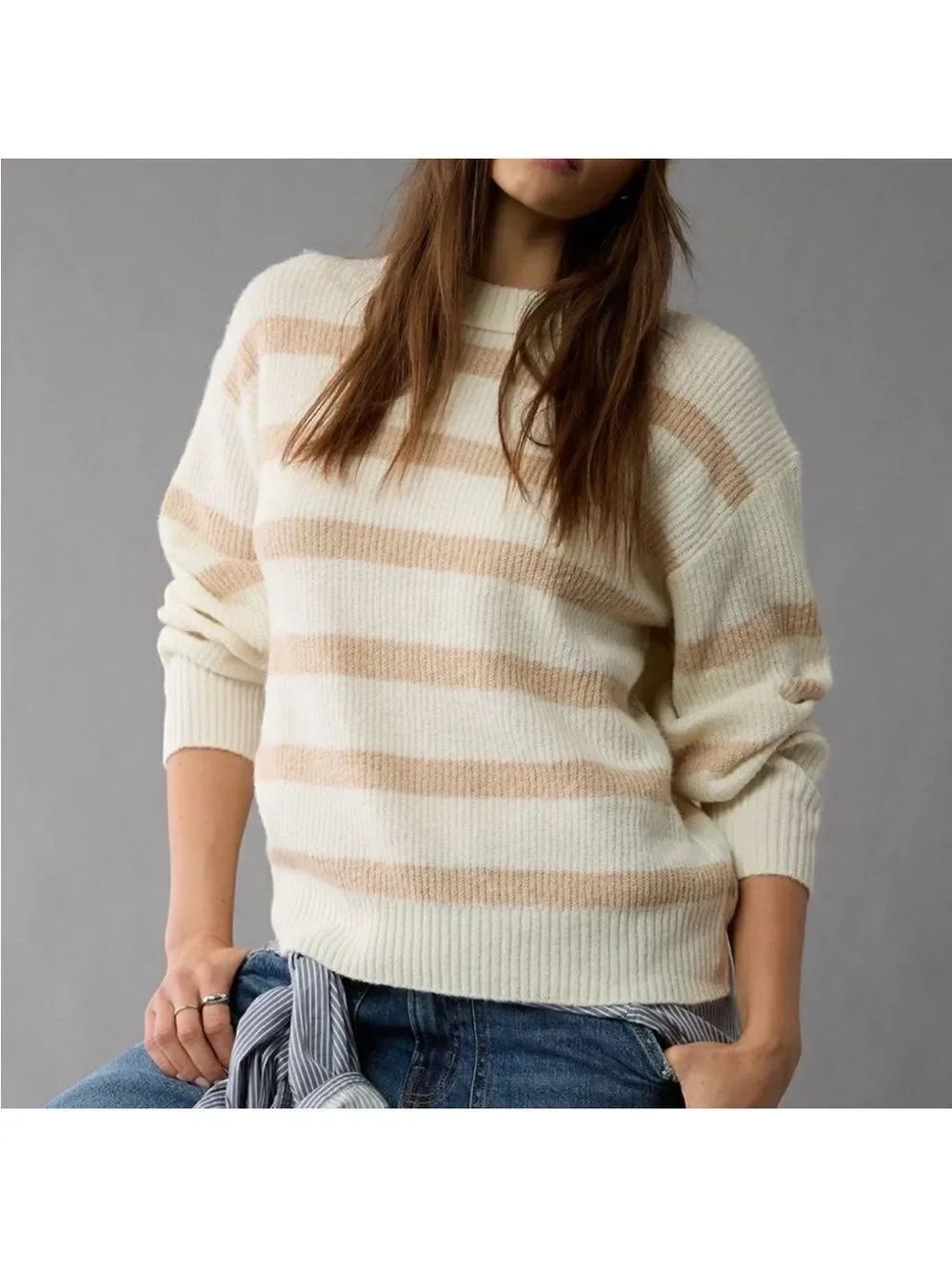 AE XXL Whoa So Soft Crewneck Relaxed KnitβCream Tan Stripe Sweater